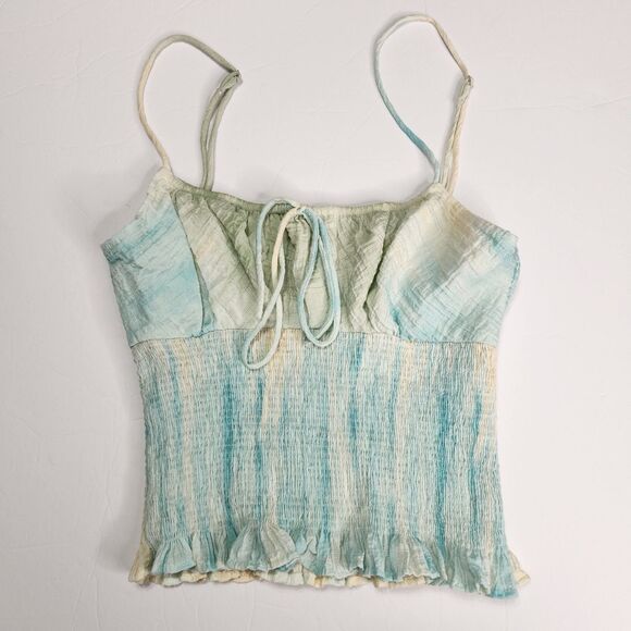 Zara Top Womens Small Shirred Pastel Tie Dye Smocked Ruffled Hem Made in Turkey - Picture 3 of 8